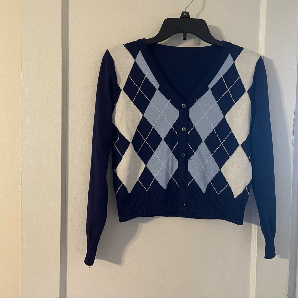 Navy Argyle Cardigan Sweater